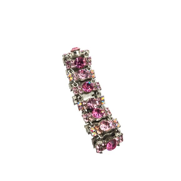 Vintage Pink Rhinestone Bracelet w/ Aurora Borealis Accents Silver Tone Link - Picture 3 of 4